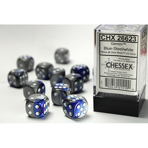Chessex: 12mm d6 Dice Block - Gemini Blue Silver/White