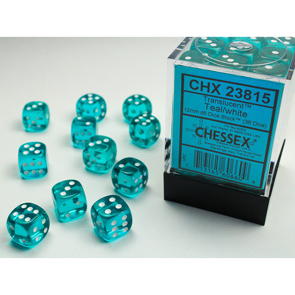Chessex: 12mm 36d6 Translucent: Teal/White