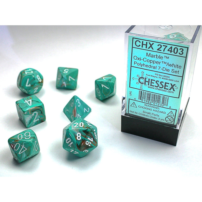 Chessex: 7-Die Set - Mini Polyhedral Marble Oxi-Copper/White