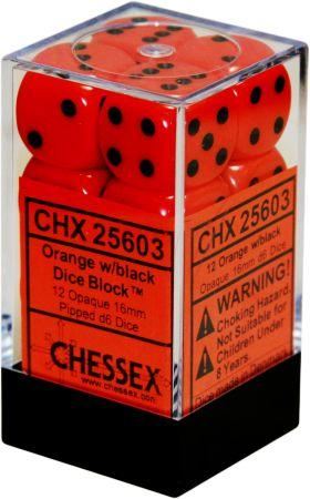 Chessex: 12mm d6 Dice Block - Opaque Orange/Black 12 ct.