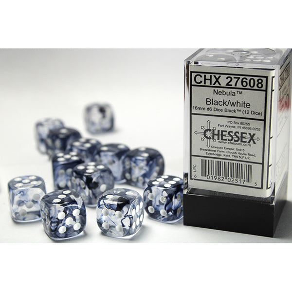 Chessex: 16mm d6 Dice Block - Nebula Black/White 12ct