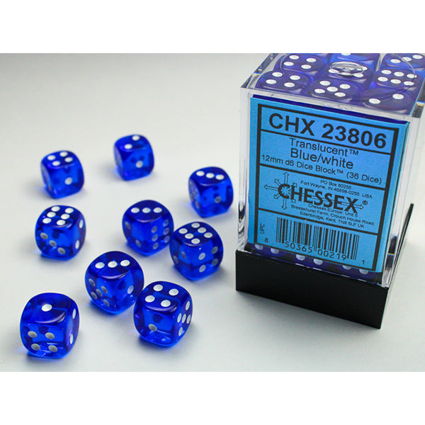 Chessex: 12mm 36d6 Translucent: Blue/White