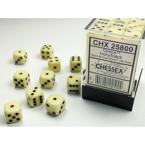 Chessex:  12mm 36d6 Opaque: Ivory/Black