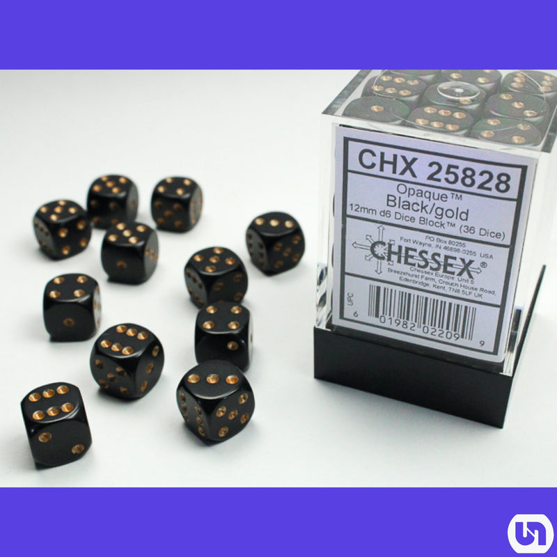 Chessex: 12mm 36d6 Opaque: Black/Gold