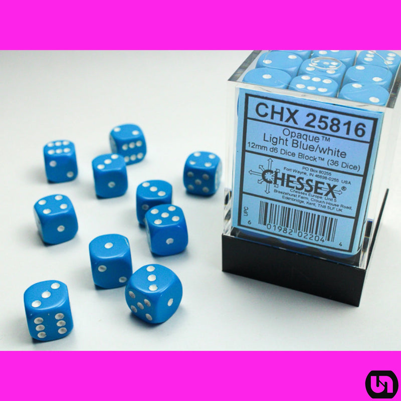 Chessex: 12mm 36d6 Opaque: Light Blue/White
