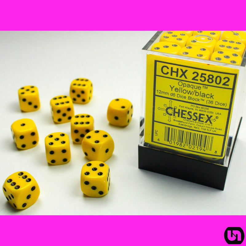 Chessex: 12mm d6 Dice Block - Opaque Yellow/Black 36ct