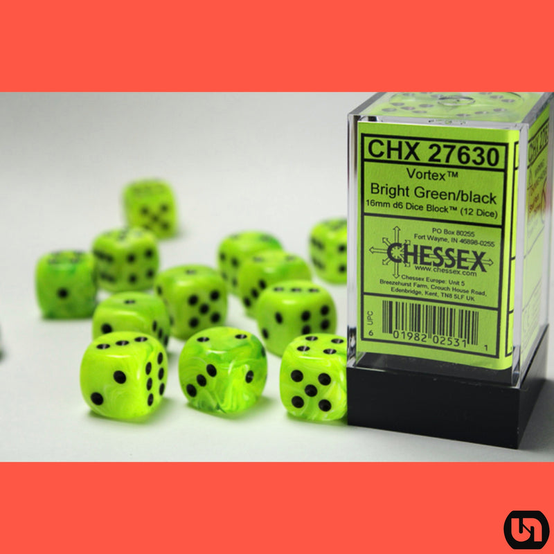 Chessex: 16mm d6 Dice Block - Vortex Bright Green/Black 12ct