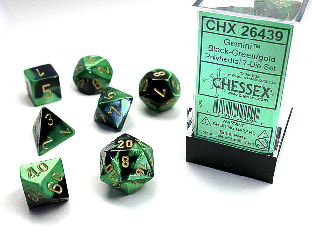 Chessex: Gemini Polyhedral Black-Green/gold 7-Die Set