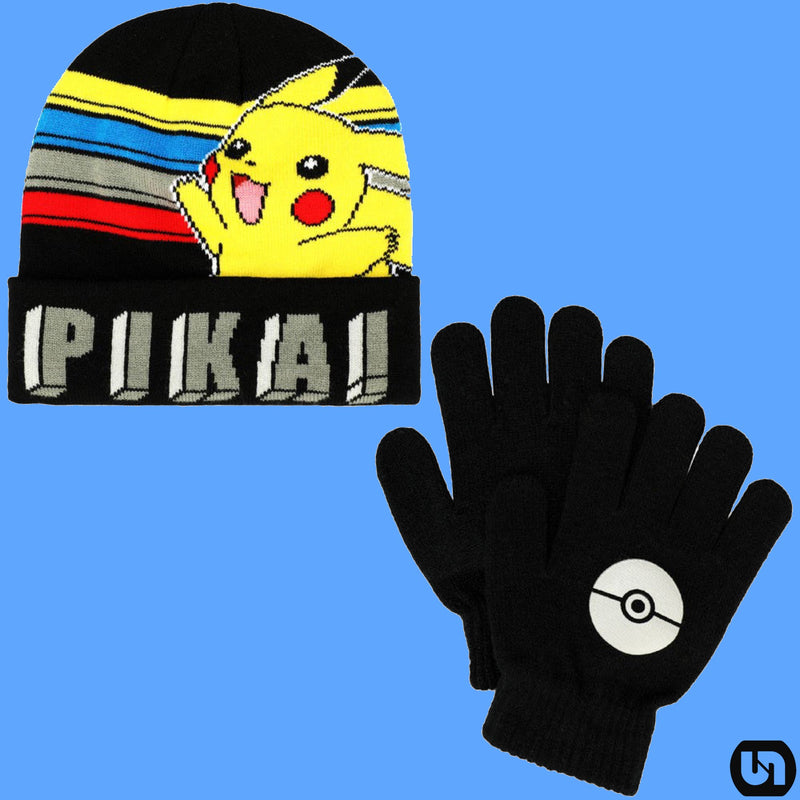 Pokemon: Pikachu Striped Youth Beanie & Gloves Combo