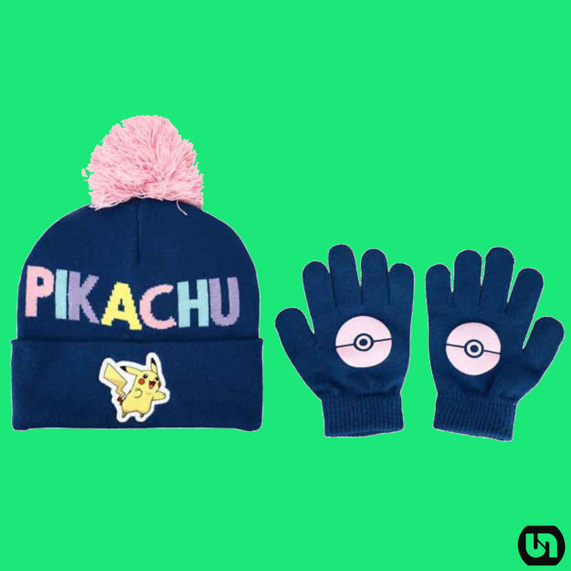 Pokemon: Pikachu Youth Beanie Pink Pom & Gloves Combo