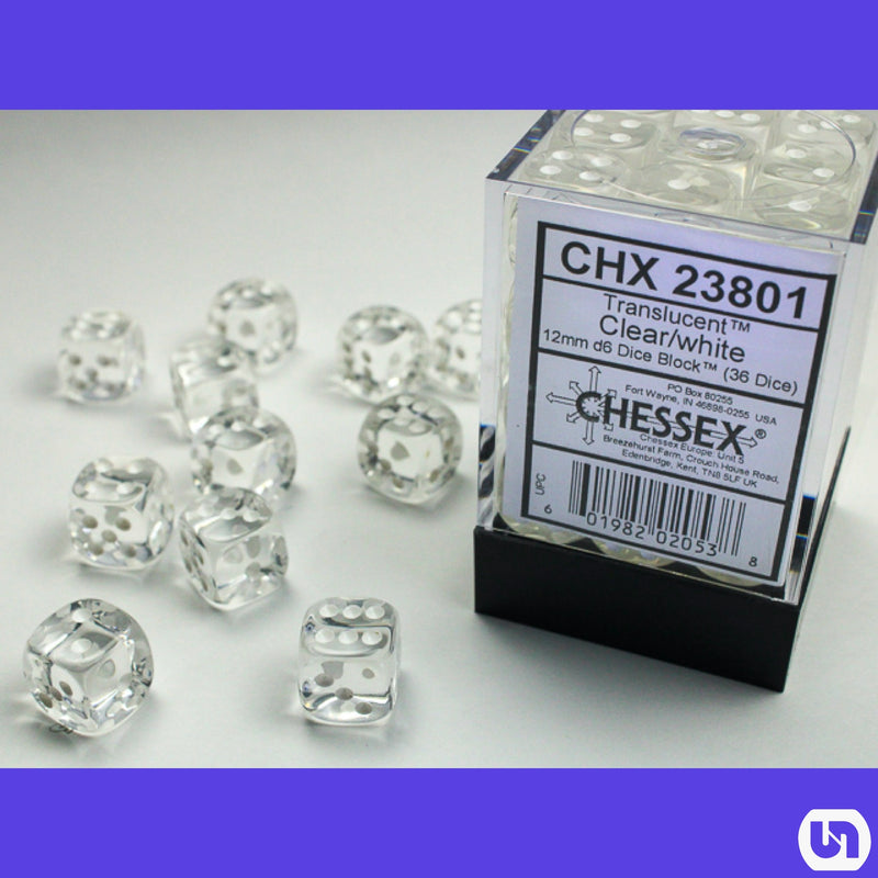 Chessex: 12mm 36d6 Translucent: Clear/White